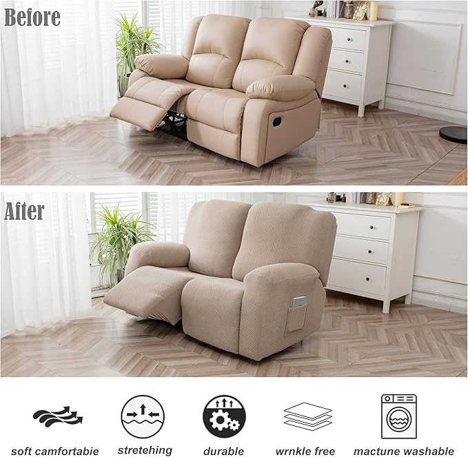 Genina Recliner Loveseat Covers, Stretch Reclining Sofa Covers, 2 Seater Couch Cushion Stripe Jacquard Recliner Slipcovers - Furniture Protector Covers for Pet Kid (Taupe)