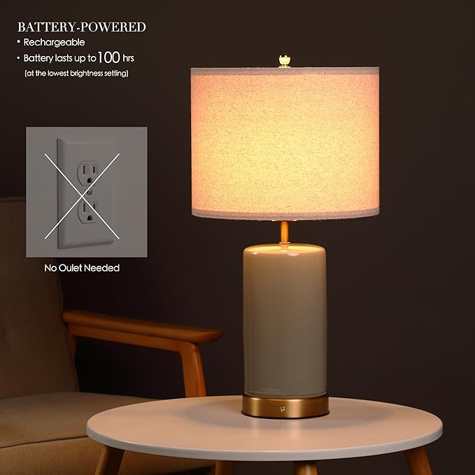 O’Bright Dune - Battery Powered Table Lamp, Rechargeable Cordless Ceramic Lamp, Full-Size 24 Inch Height, 4-Level Dimming, Smart Safety Protection, Type-C Fast Charging, LED Bulb Included, Stone Grey