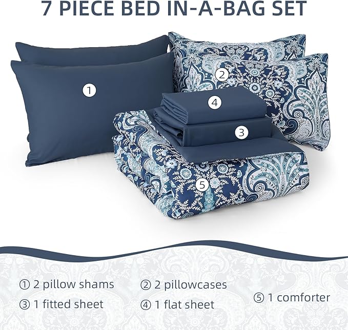 Drucon Paisley Comforter Set King Size, 7 Pieces Bed in a Bag Blue Boho Comforter, Soft Lightweight Microfiber Bedding Set (1 Comforter, 1 Flat Sheet, 1 Fitted Sheet, 2 Pillow Shams, 2 Pillowcases)
