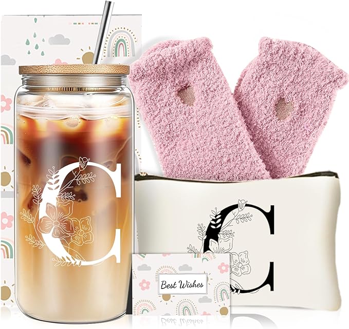 Unique Initial Glass Cup with Lids and Straws, Monogrammed Gifts Box Included Makeup Bag, Christmas Birthday Gifts for Women Mom Sister Grandma, C