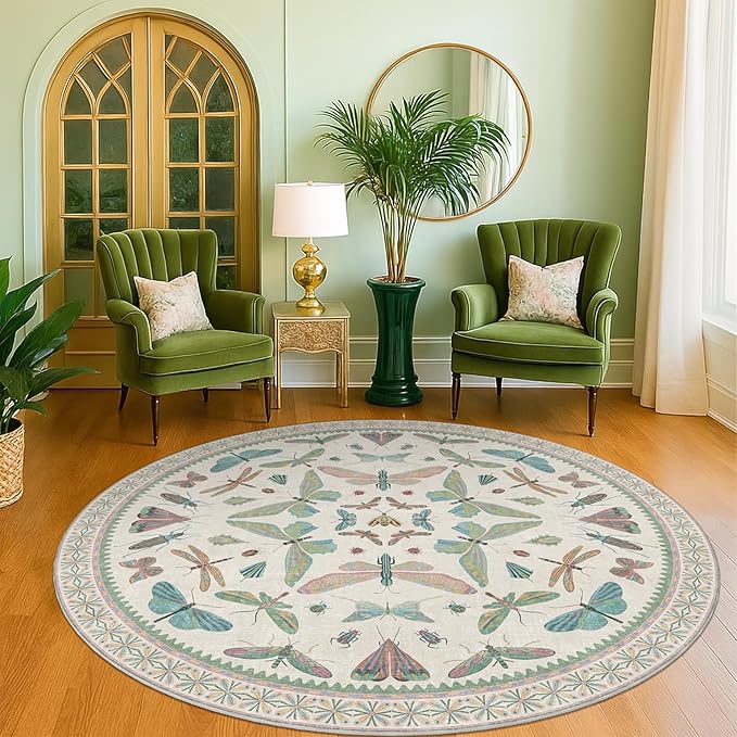 Green and Blue Insect 6ft Round Soft Rugs for Bedroom Beside Bed - Non Skid Rug Low Pile Washable Living Room Rugs, Forest Butterfly Design Stain Resistant Home Décor