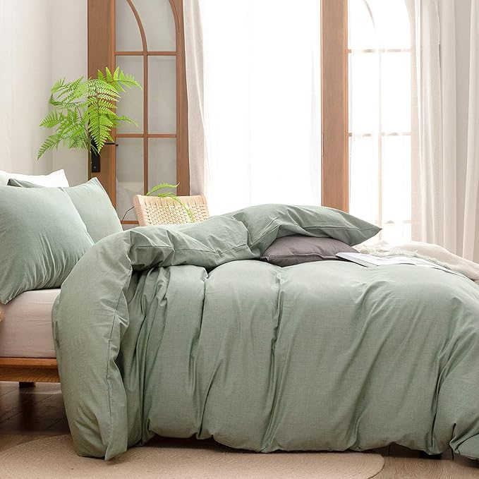 BESTOUCH Duvet Cover Set 100% Washed Cotton Linen Feel Super Soft Comfortable Chic Lightweight 3 PCs Home Bedding Set Solid Green Oversized King