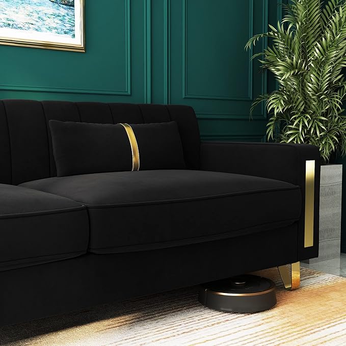 Couch 85.62" 3 Seats Sectional Velvet Fabric Sofa Easy Assemble Sofa Bed with 2 Couch Pillows,Gold Metal Legs for Living Room (P17, Black（3+3+1）)