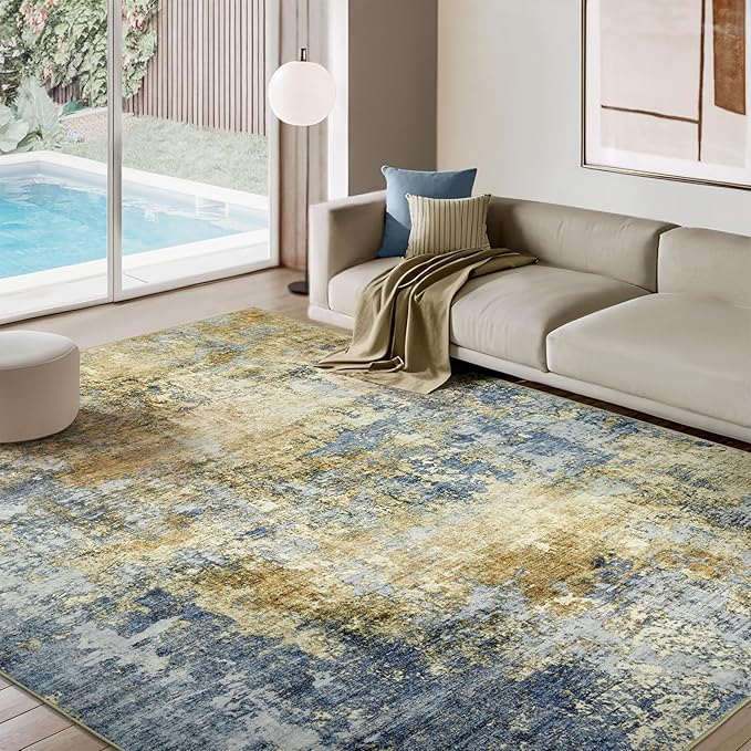 Area Rug Living Room Rugs - 9x12 Modern Abstract Soft Indoor Neutral Washable Rug Stain Resistant Non-Slip Low Pile Carpet for Bedroom Dining Room Home Office - Blue/Grey/Yellow