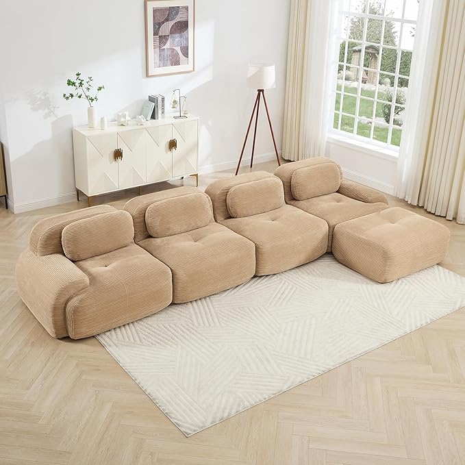 152" Modern Compressed Boneless Couch with Ottoman, 4 Seater Large L Shaped Sectional Couches for Living Room, Camel Corduroy Cloud Modular Sectional Sofa, Memory Foam, Extra Deep, No Assembly