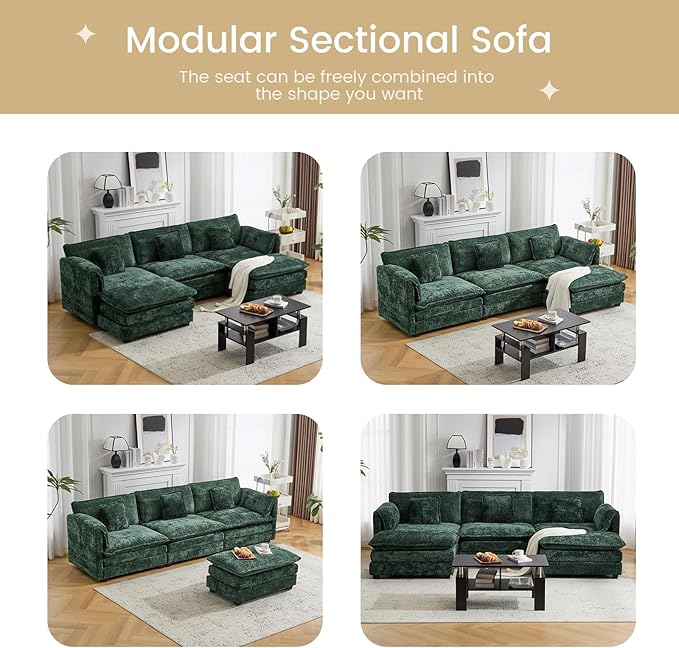 112" Modular Sectional Sofa with Movable Ottoman, L Shaped Couches for Living Room, 3 Seater Comfy Cloud Couch with Removable Cover, Armrest Pillow (Green)