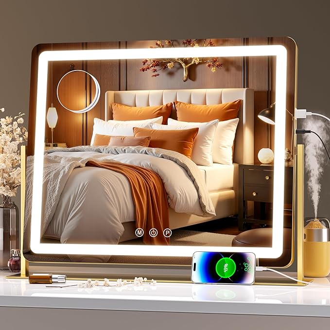 Hasipu Vanity Mirror with Lights, 24" x 18" LED Makeup Mirror, Light up Mirror with 5X Magnification and Phone Holder, USB Charging Port, Smart Touch 3 Colors Dimmable, 360° Rotation (Gold)