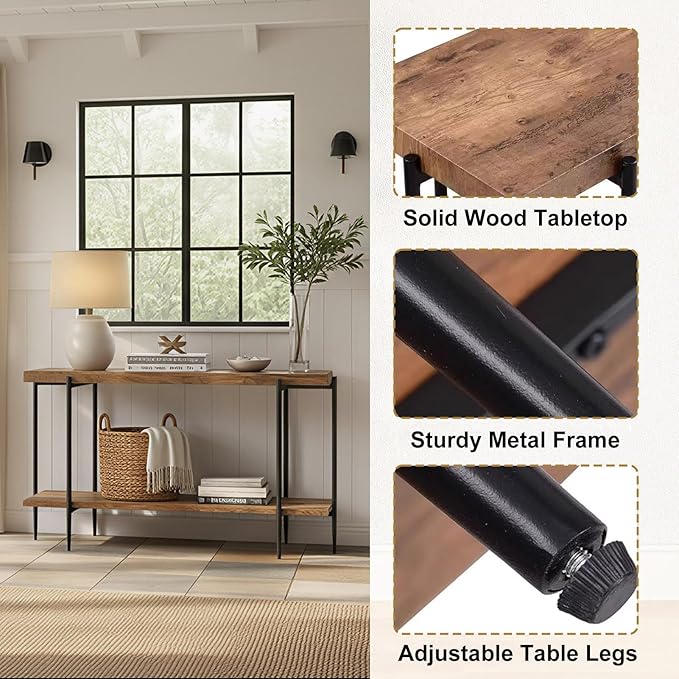 31.5” Console Table Narrow for Entryway with 2 Tier Storage Shelves, Solid Wood Industrial Entrance Sofa Table Behind Couch for Hallway, Foyer, Living Room(47.2"x11.8"x31.5")