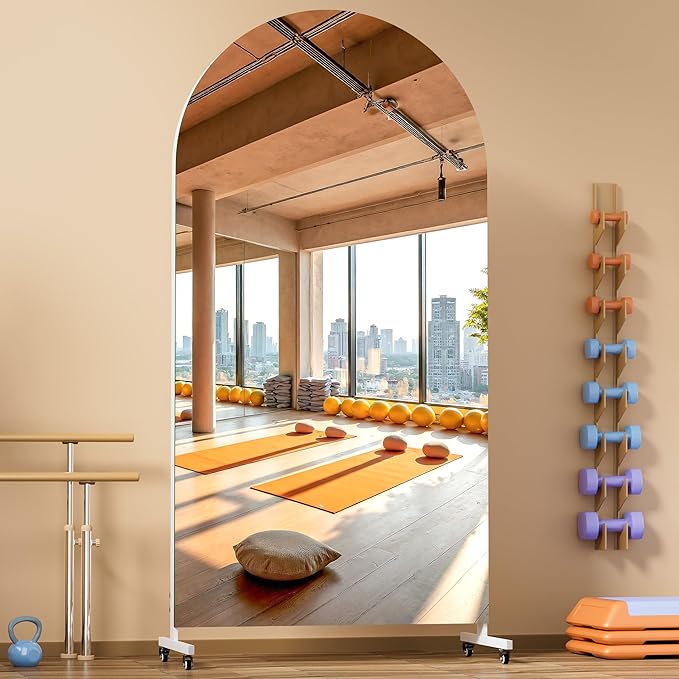 Hasipu 75" x 36" Arched Rolling Home Gym Mirror with Wheels, 360° Swivel Body Mirror with HD Tempered Glass, Large Floor Mirror for Yoga Room, Dance Studio, Bedroom & Home Gym