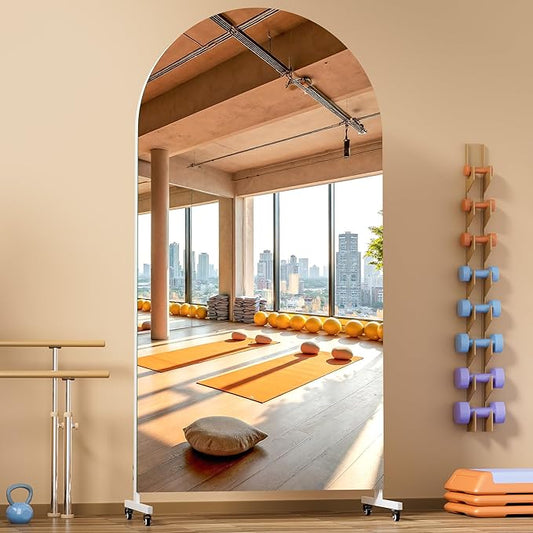 Hasipu 75" x 36" Arched Rolling Home Gym Mirror with Wheels, 360° Swivel Body Mirror with HD Tempered Glass, Large Floor Mirror for Yoga Room, Dance Studio, Bedroom & Home Gym