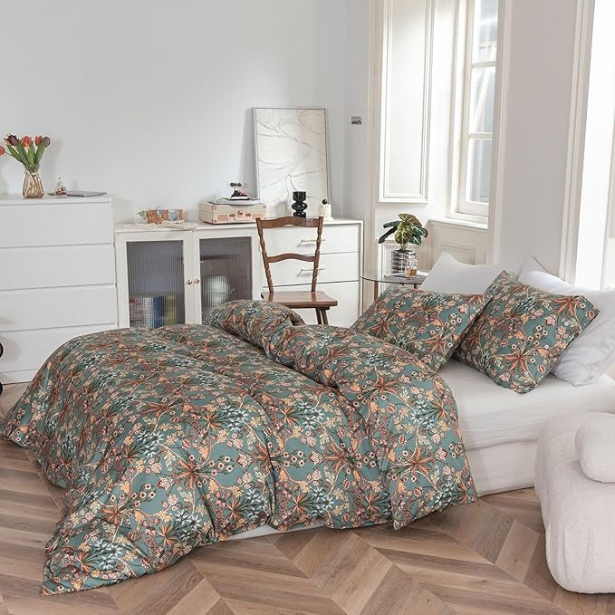 EAVD Boho Floral Comforter Set Fluffy Soft Microfiber Garden Floral Bedding Set with 2 Pillowcases Vintage Style Botanical Comforter Set for All-Season