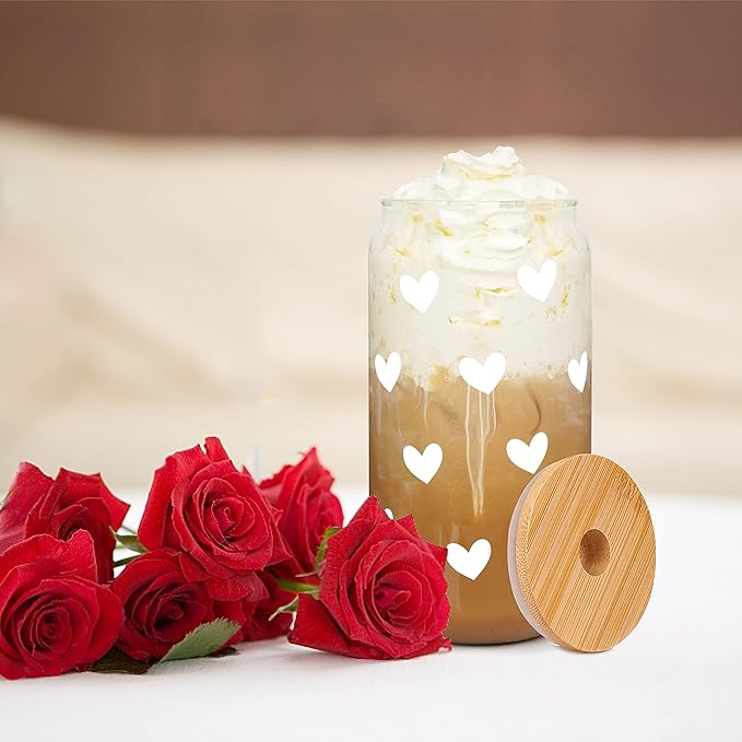 Mason Life Iced Coffee Cups, Can Shaped Glass Cups, 20 OZ Hearts Cup Beer Glass, Love Can Couple Drinking Glasses, Glass Cup with Bamboo Lids and Straws Valentines Cups Gifts- 2 Sets