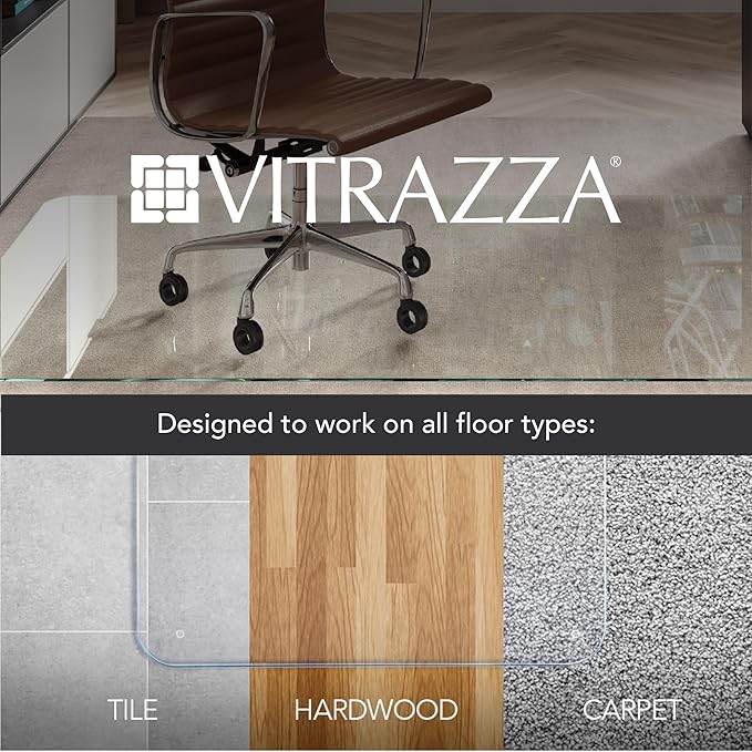 Vitrazza Glass Chair Mat 46” x 60” Superior ¼ Thick, Chiaro Standard Clear, Certified Tempered Safety Glass, Delivers a Smooth Glide, Protects Carpet or Wood, Beautiful in Home or Office.