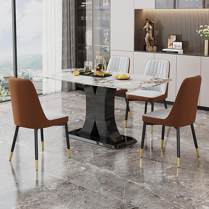 Modern Dining Table Set for 4, Marble Kitchen Table Chair Set for 4, Rectangular Kitchen Table with 4 Pu Leather Upholstered Chair for Dining Room (Brown-C, White Table Set for 4)