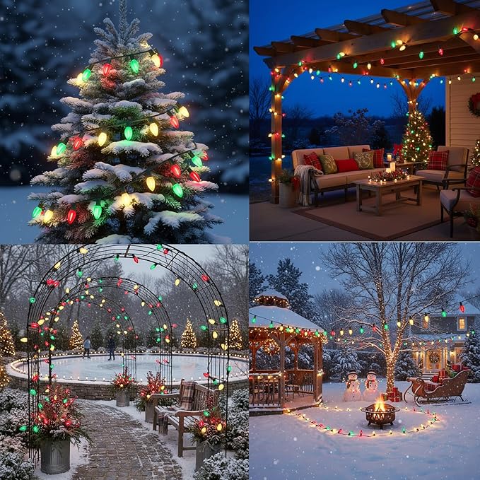 C7 LED Christmas Lights Outdoor,25ft LED Clear Red White Green Christmas Lights with 27 LED Bulbs(2 Spare),Connectable Christmas Decorations Light for Indoor Outdoor Home Party Garden Yard