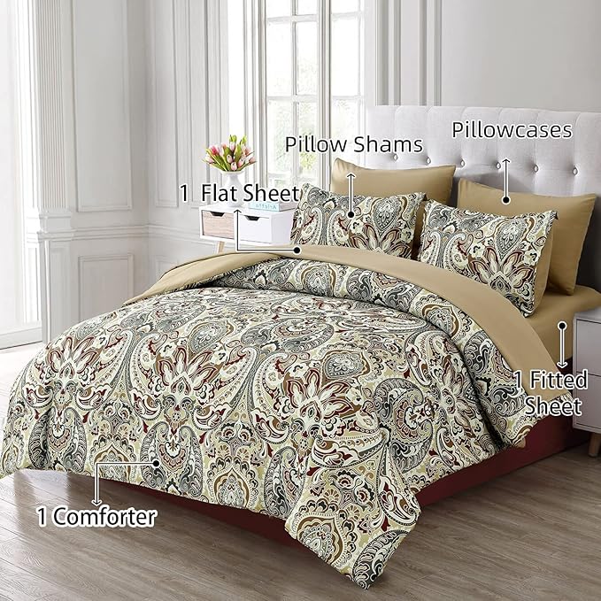 Boho Comforter Set Queen, 7 Pieces Bed in a Bag Comforter Boho Paisley Pattern Bedding Soft Microfiber Queen Size (1 Khaki Comforter, 1 Flat Sheet, 1 Fitted Sheet, 2 Pillow shams, 2 Pillowcases)