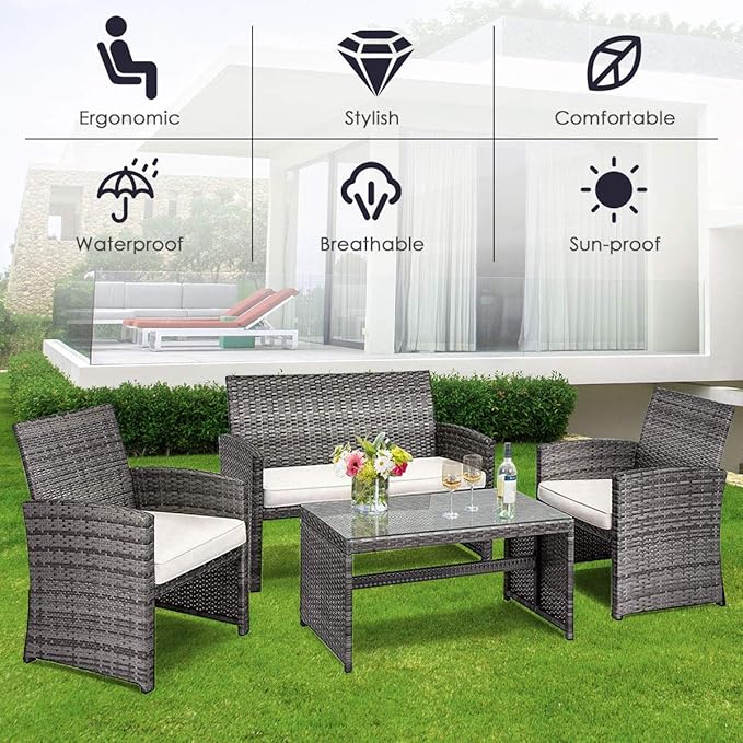 Tangkula 4 PCS Wicker Patio Conversation Set, Outdoor Rattan Sofas with Table Set, Patio Furniture Set with Soft Cushions & Tempered Glass Coffee Table for Poolside Balcony