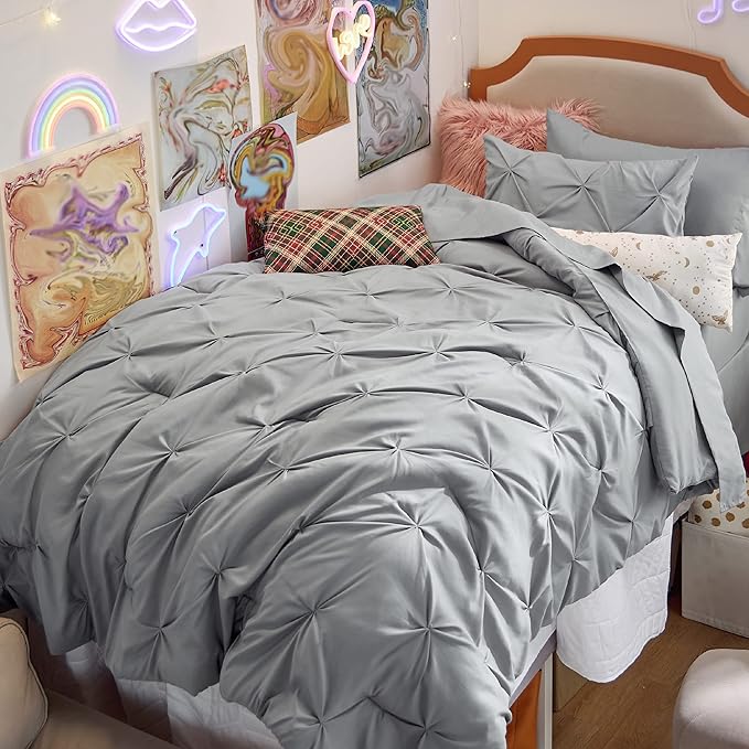 Bedsure Twin Comforter Set Grey - Bed in a Bag Twin Size Bedding 5 Pieces, GentleSoft™ Pintuck Bed Set Gift for Family, Pinch Pleat Grey Comforter with Sheets, Pillowcase & Sham