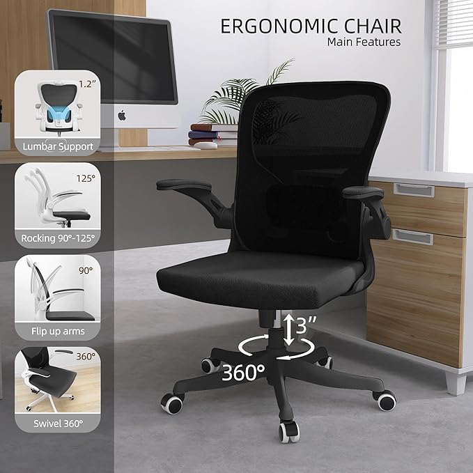 Office Chair,Ergonomic Comfy Home Desk Chair with 350LBS Capacity,High Back Gaming Chair with Wheels,Mesh Computer Chair,Lumbar Support, Adjustable Headrest,Flip-up Armrest (07Black)