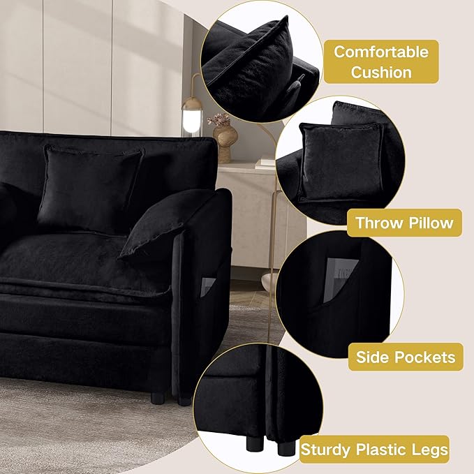 109.45" Oversized Extra Deep Seat Modern Chenille Cloud Couch, Large 3 Seater Modular Sofa for Living Room Bedroom Apartment Office(Black, 109.45 Inch)