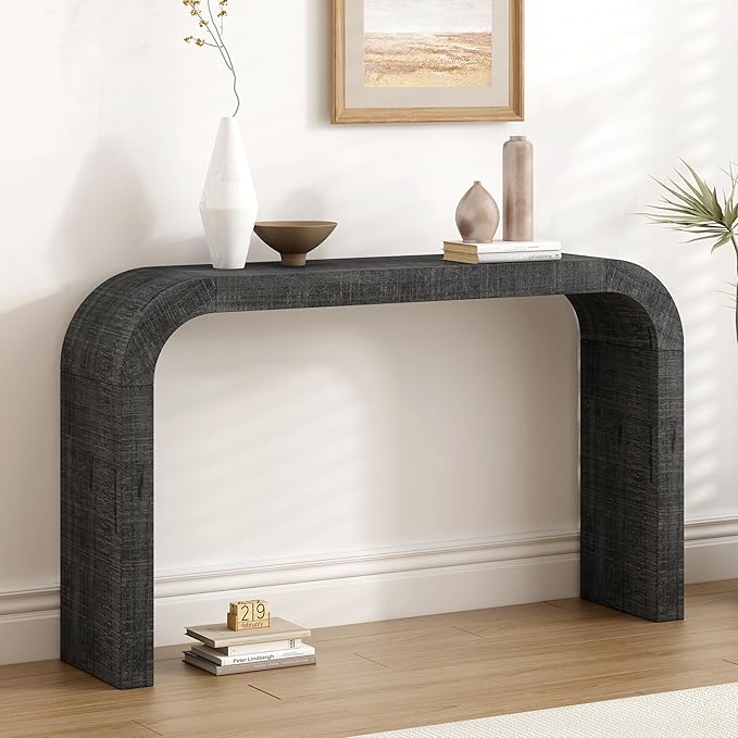 Merax Black Entryway Table Narrow, Curved Edge and Natural Texture Console Table for Living Room, Hallway and Bedroom