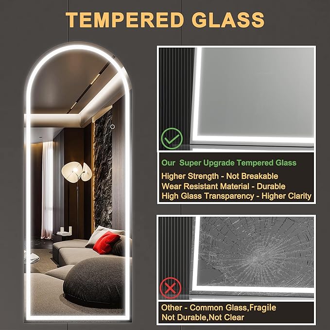 Hasipu 75" x 28" Led Mirror Full Length, Arch Mirror Full Length with Lights, Floor Full Body Glass with Stand,Tempered Glass,Shatter-Proof, Dimming & 3 Color for Bedroom Cloakroom-UL