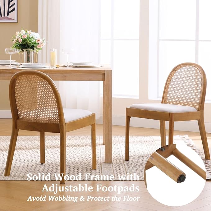 LukeAlon Linen Dining Chairs Set of 4, Natural Woven Cane Back with Solid Wood Legs Mid Century Side Chairs for Kitchen Living Room, Beige