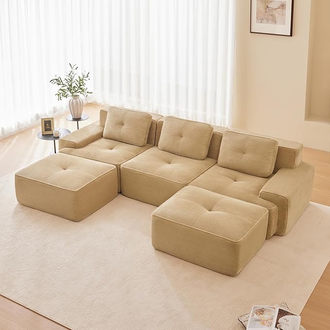Camel Ottoman for Modular Sectional Sofa, Corduroy Deep Seat for Oversized Compressed Boneless Sectional Couches for Living Room Bedroom Apartment, Cloud Sofa Couch Set, Memory Foam, No Assembly