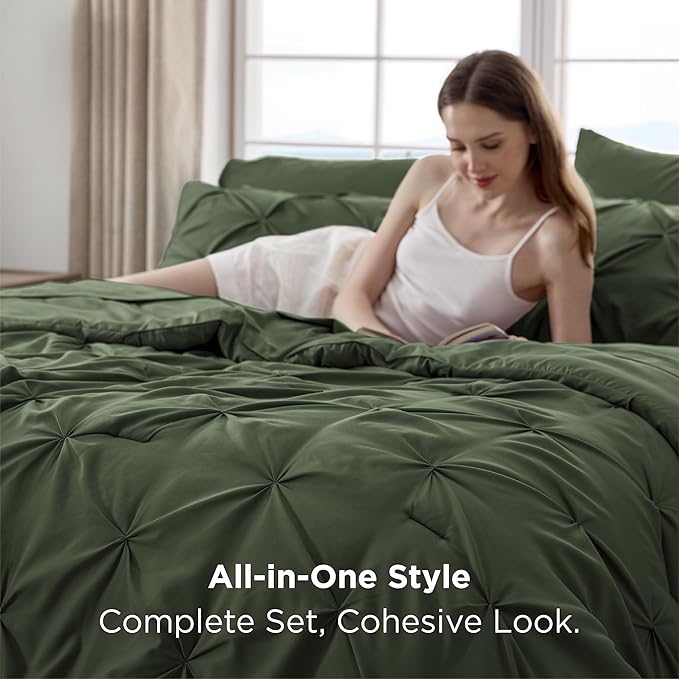 Bedsure Oversized Queen Comforter Set Olive Green - Bed in a Bag Bedding Set 7 PCS, GentleSoft™ Pintuck Bed Set Gift for Family, Pinch Pleat All Season Comforter with Sheets, Pillowcases & Shams