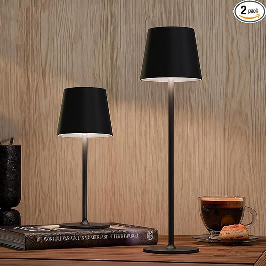 2-Pack Cordless Metal Table Lamp, 3 Adjustable Heights, 5400mAh Rechargeable Battery, 3 Colors Touch Dimming, Waterproof Portable Wireless Desk Lamp for Restaurant, Bedroom, Outdoor Patio