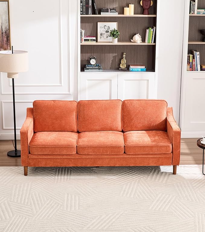 Kingfun 80" Chenille Sofa, 3 Seater Couch, Mid Century Modern Couches with Solid Wood Frame for Living Room & Bedroom, Orange