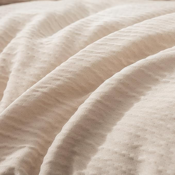 King Size Comforter Set Beige, 3 Pieces Double-Layer Crinkle Gauze Soft Bedding for All-Season Lightweight Warmth with 2 Pillowcases