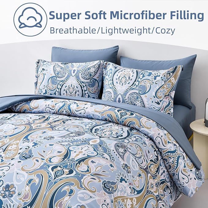 Drucon Blue Paisley Comforter Set King, 7 Pieces Bed in a Bag Boho Comforter Soft Microfiber Blue Paisley Bedding(1 Comforter, 1 Flat Sheet, 1 Fitted Sheet, 2 Pillow Shams, 2 Pillowcases)
