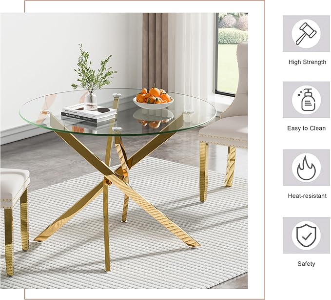 Goujxcy Small Round Dining Table Set for 4, Modern Glass Kitchen Table Chairs Set of 4, 5-Piece Dining Table Set w/36 Circle Gold Glass Dining Room Table and 4 Black Upholstered Dining Chairs