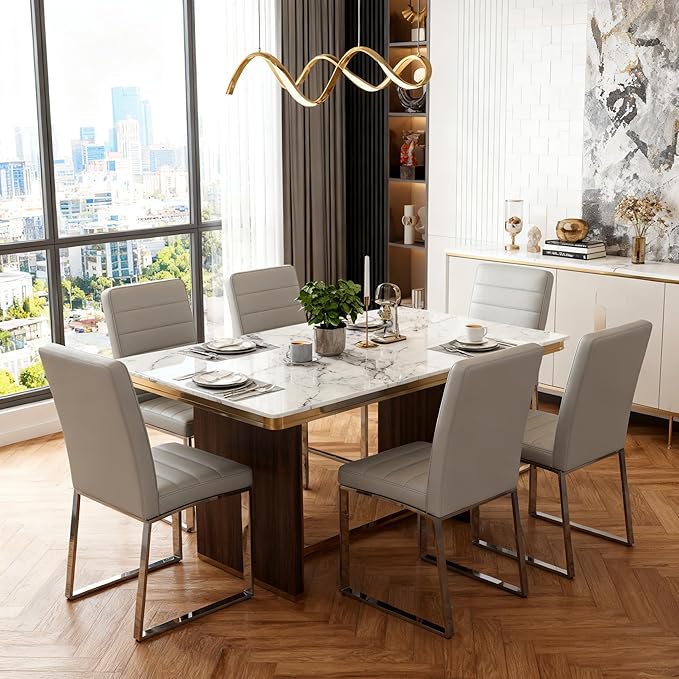 Modern Dining Chairs Set of 4, White Faux Leather Kitchen Chairs, Upholstered Armless Dining Room Chair with Gold Mental Legs Heavy Duty, Comfortable (Grey Chiars, Set of 6)