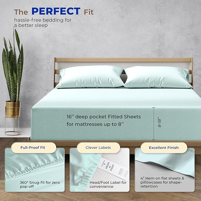 THREAD SPREAD 100% Egyptian Cotton Bed Sheets Queen Size Set - 4 PC High Thread Count Egyptian Cotton Queen Size Sheets Deep Pocket 16" (Sea Foam), Soft Cooling Sateen Luxury Hotel Bed Sheet