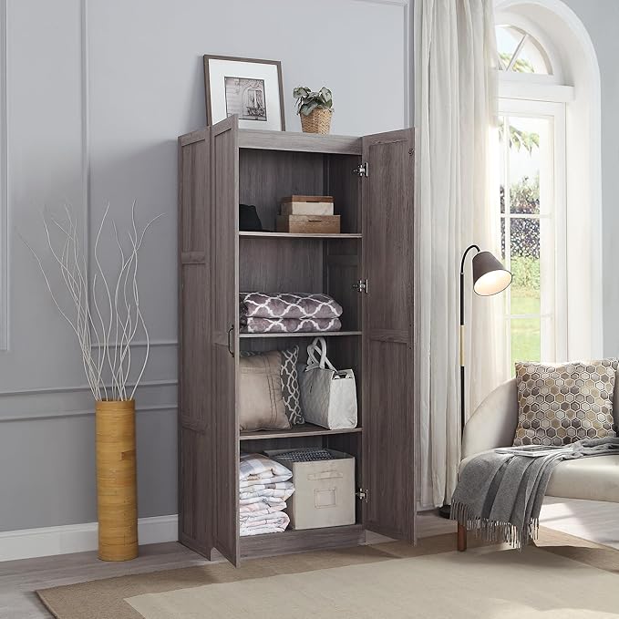 Manhattan Comfort Hopkins Modern Freestanding Storage Cabinet with 4 Adjustable Shelves & Soft Close Doors, Tall Multipurpose Organizer for Kitchen, Pantry, Garage, Mudroom, Set of 1, Grey