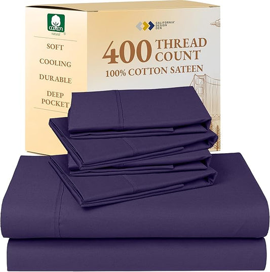 California Design Den 6-Pc Queen Size Sheet Set with 4 Pillowcases - 400 Thread Count 100% Cotton Sheets, Cooling Sateen Weave, Luxury Deep Pocket Bedsheets Set - Dark Purple