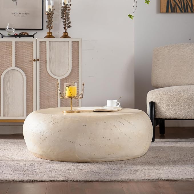 35.43" MgO Round Centre Coffee Table Vintage Faux Stone Sofa Pre-Modern Coffee Tables for Living Room Office Apartment,Beige