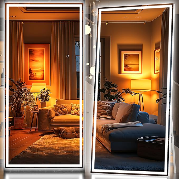 Hasipu Full Length Mirror with Lights, 95" x 40" LED Lighted Floor Standing Mirror, Full Body Dressing Hanging Mounted Mirrors, Dimmable, Tempered Glass, Safe to Use, Square White