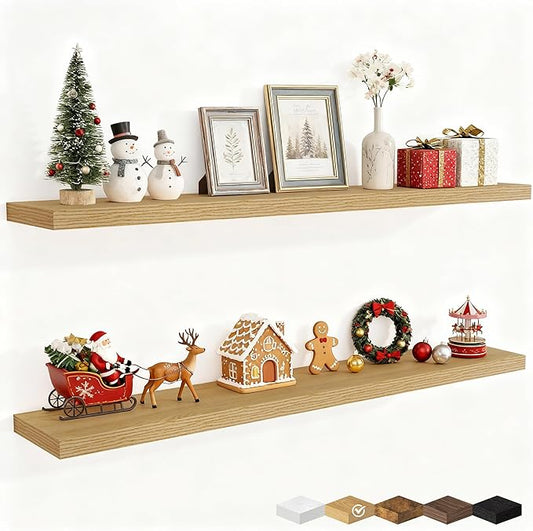 Fun Memories 55 Inch Fireplace Mantel Shelf -Long Floating Shelves, Deep Wall Mounted Farmhouse Display Shelves with Invisible Heavy Duty Metal Bracket, Oak, 2 Pack