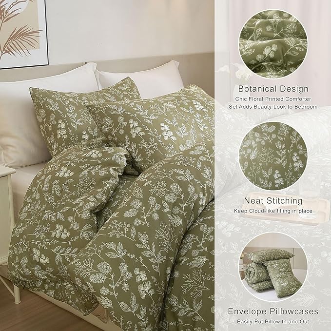 EAVD Fresh Botanical Floral Comforter Set Full Dark Olive Green Soft Microfiber Chic Cute Garden Floral Bedding Comforter Set 1 Full Comforter and 2 Pillowcases Botanical Comforter for All-Season