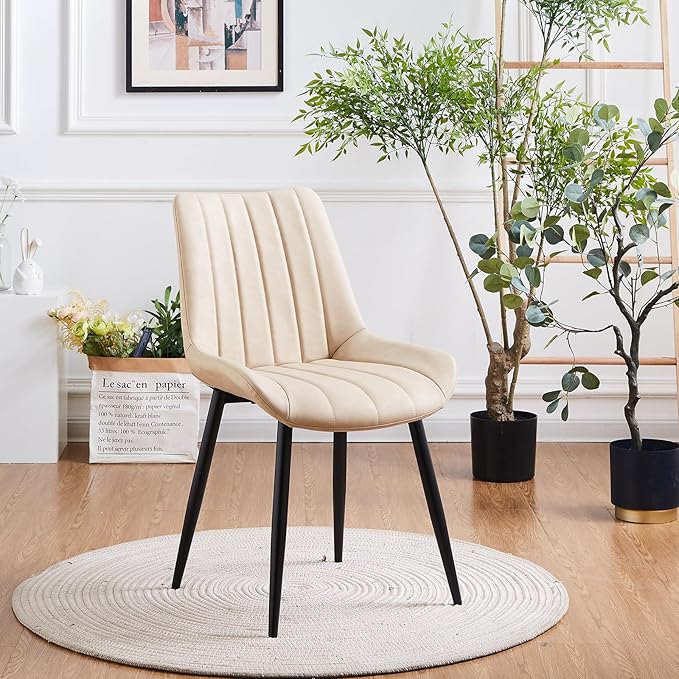Dining Chairs Set of 4, Faux Leather Modern Linear Design Dining Chair with Metal Legs, 16.9" Seat Width Chair for Kitchen, Lounge, Reception Room, Restaurant, Commercial (Beige)