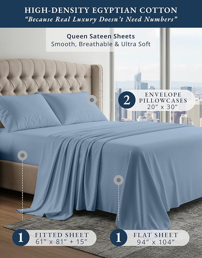 LANE LINEN 100% Egyptian Cotton Queen Sheet Set, Soft & Comfy Thick Fully Elasticized Mercerized Cotton Sheets Queen Size Set, No Pill Fade Resistant Elegant Swiss Dot - French Blue