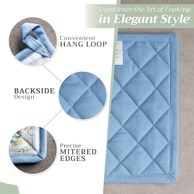 Maison d' Hermine Pot Holders Set 100% Cotton Heat Resistant Potholders 8" x 8" Hot Pads with Loop BBQ, Cooking, Baking, Grilling, Kitchen, Handling Hot Pans Spring/Summer (Pack of 2, Fleurs De Mai)