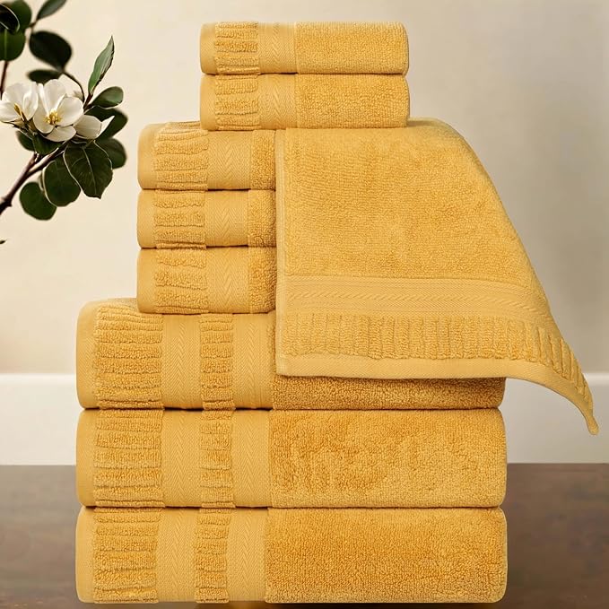 Superior Venice Zero Twist Cotton Medium Weight Towels, for Guest Bath, Bathroom, Shower, Spa, Plush Towels, Bath Essentials, Ribbed Textured Border, 9 Piece Assorted Towel Set, Gold