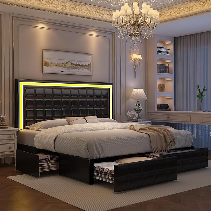 Full Led Bed Frame with 4 Storage Drawers, No Box Spring Needed, Supports 900 lbs, Easy Assembly, Quiet and Sturdy Design, PU Black