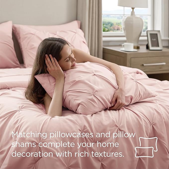 Bedsure Queen Comforter Set Pink - Bed in a Bag Queen Size Bedding 7 Pieces, GentleSoft™ Pintuck Bed Set Gift for Family, Pinch Pleat All Season Comforter with Sheets, Pillowcases & Shams