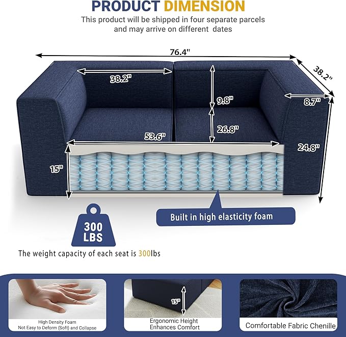 76" Sectional Compressed Sofa Modular Couches Loveseat 2 Deep Seat,High-Density Foam No Assembly Required,2-Piece(2xCorner) for Living Room Fabric Chenille Blue
