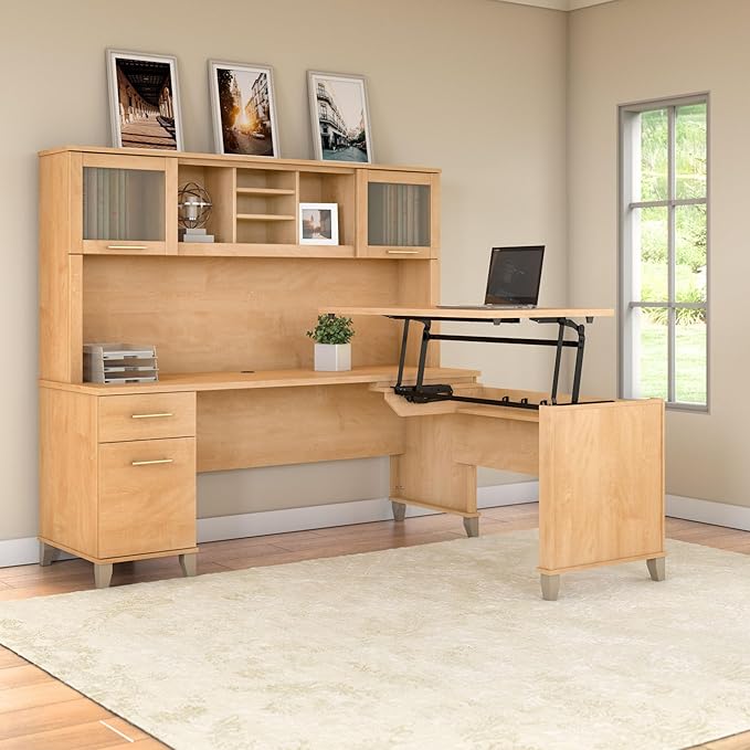 Bush Furniture Somerset 72W 3 Position Sit to Stand L Shaped Desk with Hutch in Maple Cross | Adjustable Height Table for Office